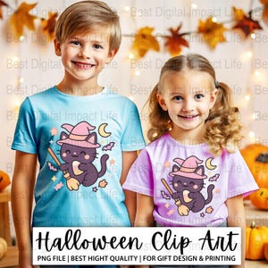 Kawaii Witch Cat Flying on Broom - Cute Halloween PNG - Transparent Clipart for Stickers, Shirts, Mugs and crafts