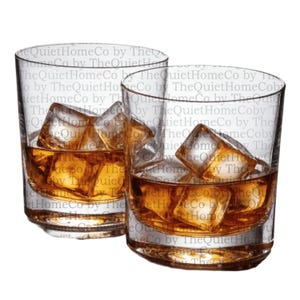 May include: Two clear, lowball whiskey glasses filled with amber liquid and ice cubes. The glasses are slightly tilted, creating a dynamic composition. The image is set against a white background, highlighting the drinks.