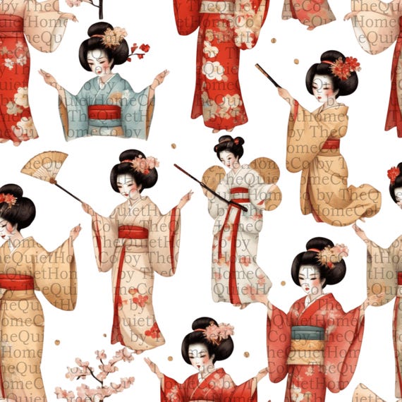 日本の芸者のイラスト15点 PNG素材｜水彩画の着物、日傘、扇子｜セット