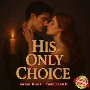 May include: A couple embracing in a dimly lit room with a lit candle in the foreground. The text "HIS ONLY CHOICE" is displayed in large, bold, gold letters. The text "same hour - fast result" is displayed in smaller, white letters below the title. A gold seal with the text "100% GUARANTEE" is in the lower right corner.