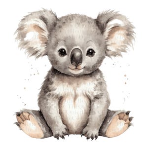 May include: A watercolour illustration of a grey koala bear with large ears, a black nose, and big, dark eyes. The koala is sitting with its legs spread, and there are small brown paint splatters around it. The image has a soft, artistic feel.