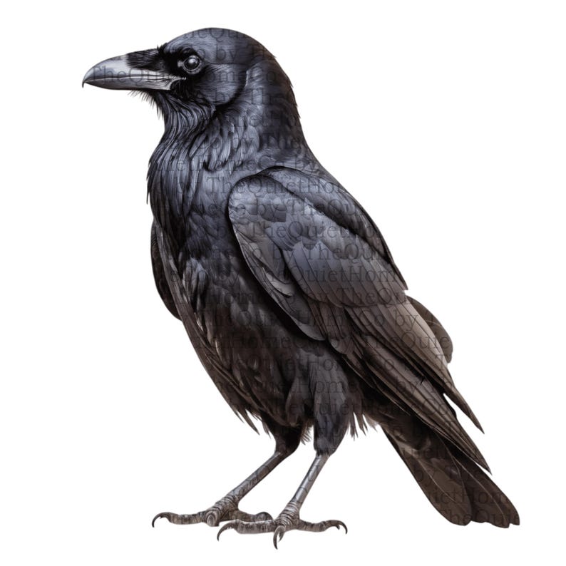 May include: A detailed illustration of a black crow standing on a white background. The bird is depicted in profile, showcasing its dark plumage, sharp beak, and detailed feathers. The artwork has a realistic style.