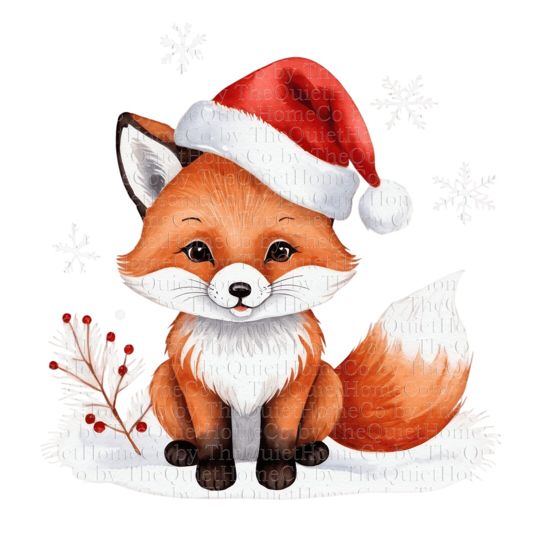 13 Christmas Fox Clipart PNG | Watercolor Santa Hat Fox Illustrations ...