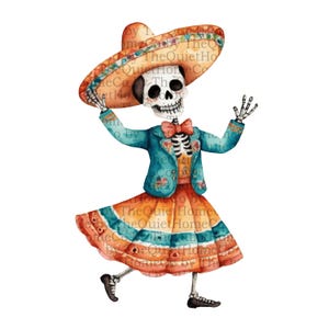 18 Tag der Toten PNG Clipart | Aquarell tanzende Skelette in mexikanischen Kleidern & Sombreros | Transparenter Hintergrund | Fiesta | Set #42