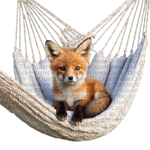 Lot de 20 cliparts aquarelle renard dans un hamac – Renard des bois douillet PNG avec arrière-plans transparents pour chambre d'enfant, création artistique et sublimation | Ensemble #226