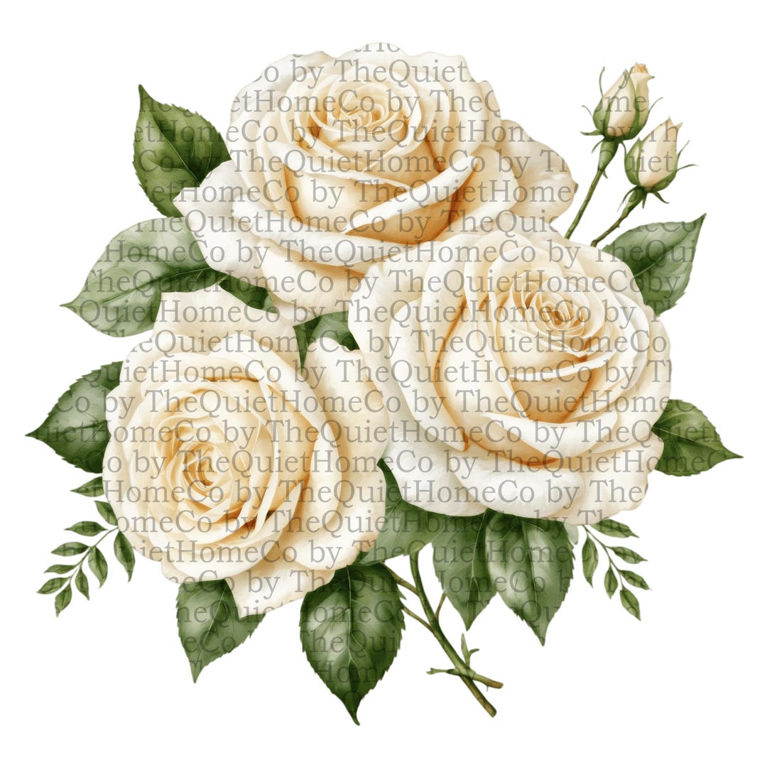 20 White Rose Bouquet Watercolor Clipart | Cream Floral Pngs With Lush ...