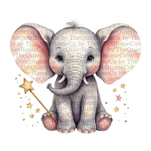 Lot de 16 éléphants aquarelles | Ensemble PNG de bébé éléphant magique avec baguette | Téléchargement imprimable d'animal mignon de chambre d'enfant | Ensemble #138