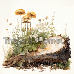 20 Forest Mushroom Clipart | Watercolor Mushrooms & Wildflowers on Logs and Stumps for Woodland Crafts, Cottagecore Decor | JPG Set #101