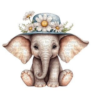 Conjunto de 26 imágenes prediseñadas de elefantes lindos PNG / Elefantes bebés de acuarela con sombreros florales / Arte infantil bohemio con animales / Fondo transparente / Conjunto n.° 110
