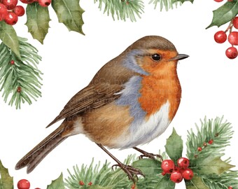 水彩画クリスマスロビンクリップアート18点｜冬の鳥PNGセット