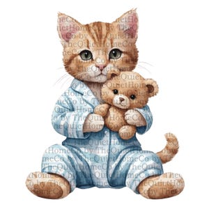 Pacote com 18 cliparts de gatos e ursinhos em aquarela | Conjunto de gatinhos fofos em PNG de pijama com bichinho de pelúcia | Arquivos de arte de animais de berçário | Conjunto nº 154