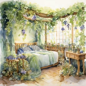 Puede incluir: Pintura a la acuarela de un dormitorio con una cama de madera, mesitas de noche y una ventana. La habitación está decorada con detalles en verde y azul, incluyendo cortinas, ropa de cama y enredaderas colgantes. El tema general es un interior sereno inspirado en la naturaleza.