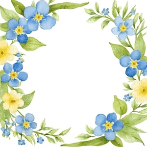 15 Blue & Yellow Floral PNG Clipart Set | Watercolor Wildflower Borders and Seamless Patterns | Forget-Me-Nots | Set #585