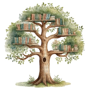 18 Aquarell Baum Bibliothek Clipart Bündel | Magischer Buchbaum PNG-Set für Leseecke Dekor, Alphabetisierung Handwerk Bookish Art Prints | Set #176