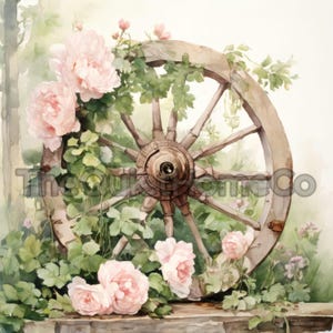 20 rustieke wagenwiel-clipart | Aquarel houten wielen roze rozen voor landelijk decor, westers handwerk en cottagecore-ontwerp | JPG-set #102