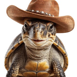 Conjunto de 23 imágenes prediseñadas de tortugas vaqueras PNG / Divertidas tortugas con sombreros de vaquero / Arte animal del oeste en acuarela / Fondo transparente / Conjunto n.° 77