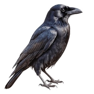 May include: A detailed illustration of a raven, rendered in shades of black and gray. The bird is depicted in a standing pose, with its beak slightly open. The artwork showcases the raven's feathers and sharp talons, set against a clean white background.