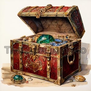 May include: An open, ornate red treasure chest with gold accents, filled with jewels and trinkets. A large, faceted green gem sits prominently inside. The chest is on a light-colored surface.