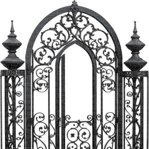 May include: Ornate black wrought iron garden gate with an arched top and decorative scrollwork. The gate features two tall, finial-topped posts on either side. The open gate reveals a glimpse of the background.