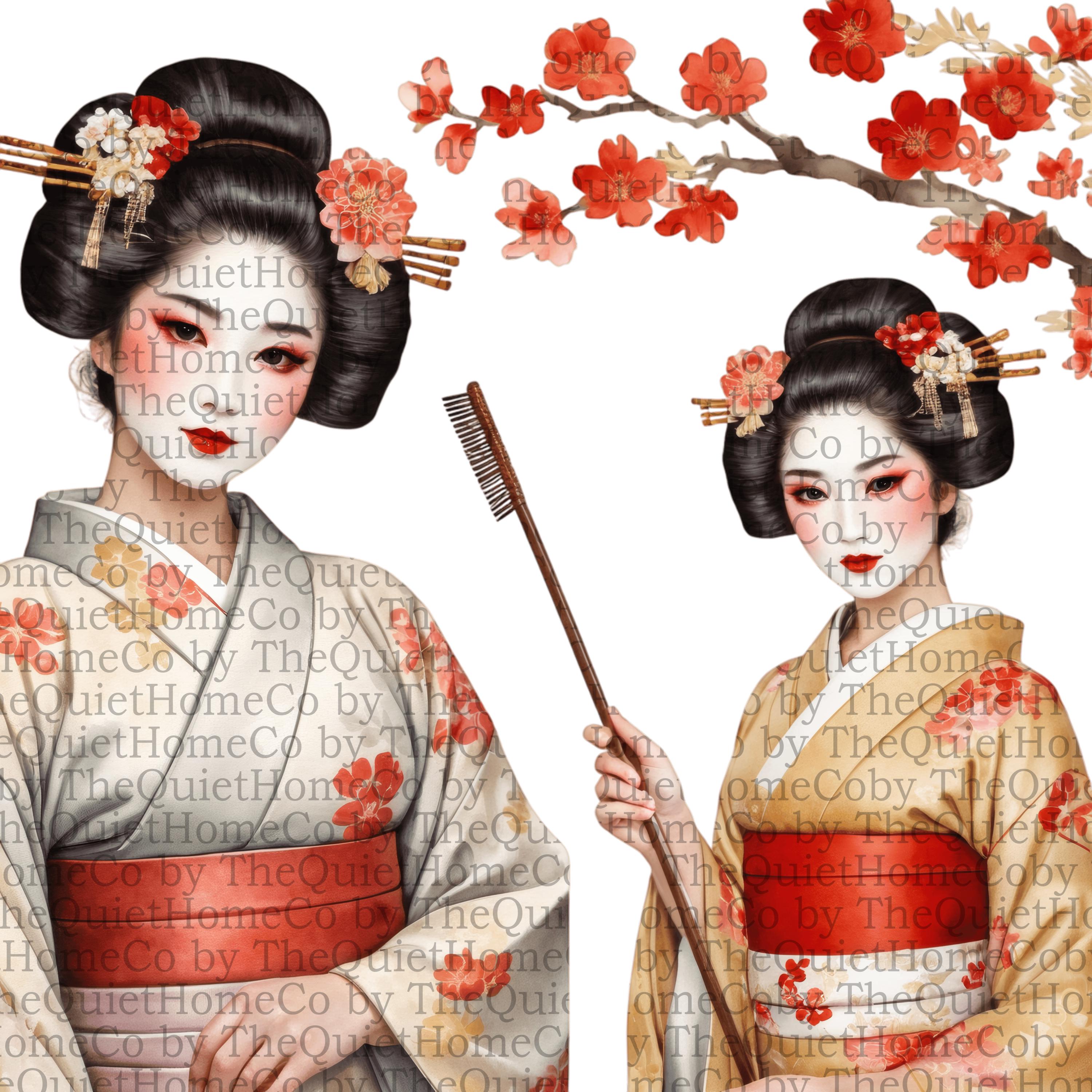 日本の芸者のイラスト15点 PNG素材｜水彩画の着物、日傘、扇子｜セット