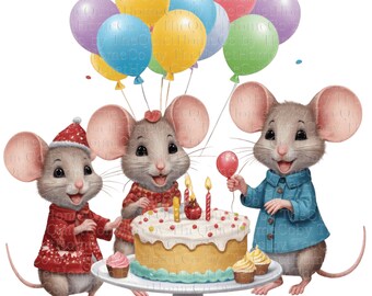 17 Watercolor Mouse Birthday Clipart | Party Animals PNG Set (Digital Download) | Set #566