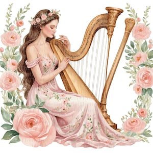 13 Harp Girl Clipart PNG Set | Elegant Watercolor Ladies with Floral Harps for Music Crafts, Invitations & Wall Art | Set #583