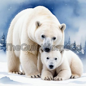 19 Polar Bear Family Clipart | Winter Watercolor Bears in Snowy Landscape | Cozy Arctic Animal Images for Cards & Crafts | JPG Set #12