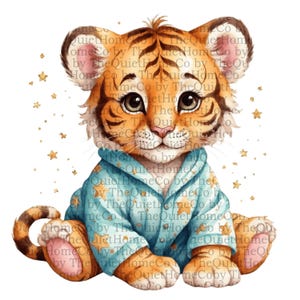 Ensemble de 18 cliparts aquarelle bébé tigre | Lot de mignons petits tigres de la jungle en pyjama PNG pour décoration de chambre d'enfant et impressions d'art animalier | Ensemble #140