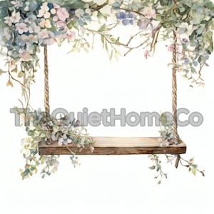 20 Tree Swing Clipart | Watercolor Garden Swing Illustrations | Blossoming Floral Branch Backdrops for Sublimation & Wall Art | JPG Set #72