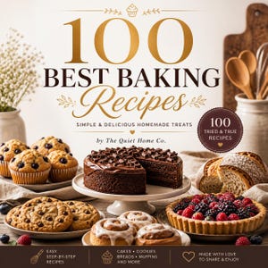 Op de afbeelding: Een kookboek getiteld "100 Best Baking Recipes" met diverse bakproducten. De omslag toont gouden letters en een verscheidenheid aan lekkernijen, waaronder muffins, koekjes, een chocoladetaart, een bessentaart en kaneelbroodjes. Het boek belooft eenvoudige en heerlijke zelfgemaakte lekkernijen.