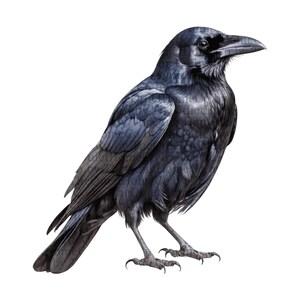 May include: A detailed illustration of a raven, rendered in shades of black and gray. The bird is depicted in a standing pose, with its feathers meticulously detailed. The raven's beak is prominent, and its eyes are focused. The background is plain white.