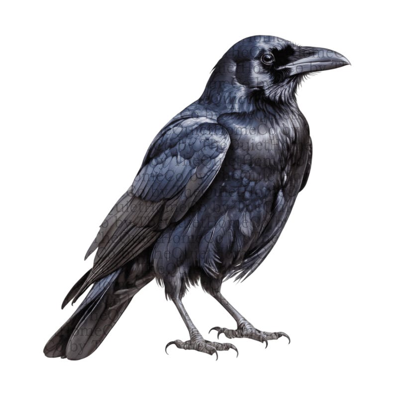 May include: A detailed illustration of a raven, rendered in shades of black and gray. The bird is depicted in a standing pose, with its feathers meticulously detailed. The raven's beak is prominent, and its eyes are focused. The background is plain white.