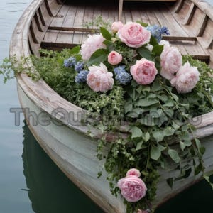 20 Floral Boat Clipart Set | Vintage Wooden Rowboats with Pink Garden Roses & Greenery | Romantic Water Scene Art | JPG Set #19