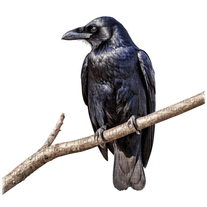 May include: A detailed illustration of a black raven perched on a brown branch. The bird's feathers are depicted with intricate shading, highlighting its dark, glossy plumage. The raven's beak is prominent, and its claws grip the branch.