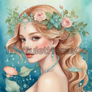 23 Mermaid Portrait Clipart | Watercolor Sea Nymphs with Flower Crowns | Fantasy Ocean Girl Art for Scrapbooking & Wall Decor | JPG Set #11