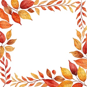 May include: Watercolor illustration of autumn leaves in shades of red, orange, and yellow, arranged in a square frame. The leaves are detailed with visible veins and textures, creating a warm, seasonal design. The text "Quiet Home Co" is visible on the leaves.