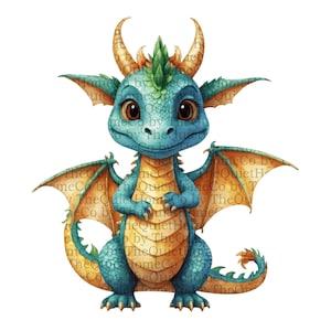 21 Cute Baby Dragon PNG Clipart Set | Watercolor Fantasy Dragons with Wings & Horns | Magical Creature Art for Kids Crafts | Set #100