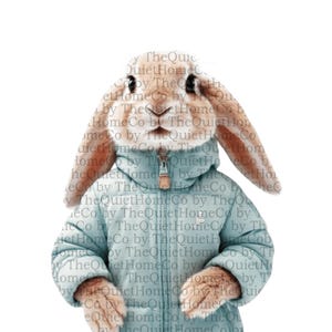 Peut inclure: Image fantaisiste d'un lapin portant une veste bleu clair avec une fermeture éclair. Le lapin a une fourrure brune et de longues oreilles. La veste a une capuche. Le fond est blanc.