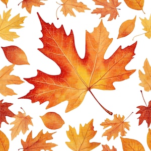 Könnte beinhalten: Aquarell-Illustration von Herbstblättern in Orange-, Gelb- und Rottönen auf weißem Hintergrund. Die Blätter variieren in Größe und Form und bilden ein nahtloses Muster. Das Design erinnert an das Thema Herbst.