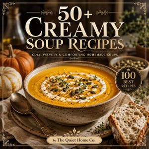 May include: A cookbook cover with the title "50+ Creamy Soup Recipes." The image features a bowl of orange soup garnished with cream, seeds, and herbs. A slice of bread and pumpkins are also visible.