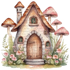 15 Mushroom House Clipart PNG | Watercolor Fantasy Cottage Illustrations for Woodland Nursery Art, Stickers, Cards & Sublimation | Set #442