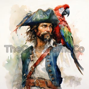 20 Pirate Captain Clipart  Set | Watercolor Pirates with Parrots on Shoulder | Adventure-Themed Art for Crafts & Party Decor | JPG Set #77