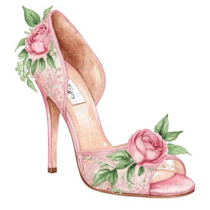 PNG-set met 15 aquarel bloemen hakken | Romantische schoenafbeelding met hoge hak met rozen en bladeren | Mode-illustratiekunst | Set #592