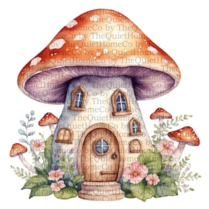 18 Watercolor Mushroom House Clipart Set | PNG Fantasy Toadstool Cottage Illustrations for Woodland Nursery, Fairy Tale Crafts | Set #255