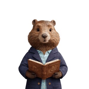 29 Bookish Beaver PNG Clipart Set | Watercolor Librarian Beavers with Books & Coats | Animal Clip Art | Transparent Background | Set #98