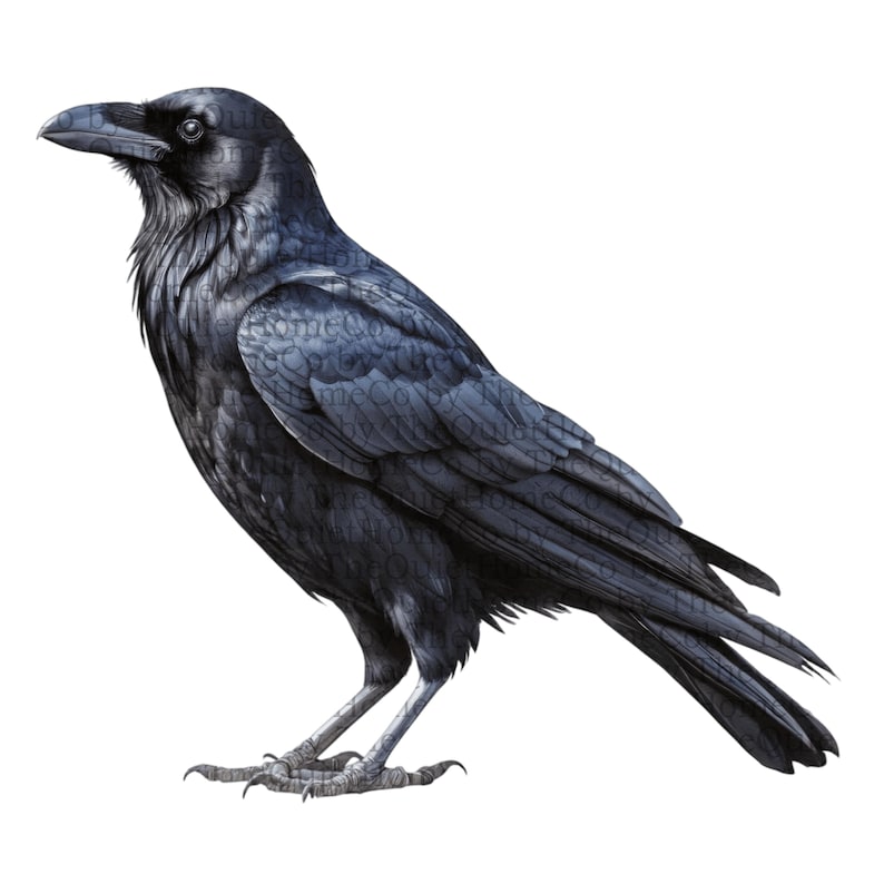 May include: A detailed illustration of a raven, rendered in shades of black and gray. The bird is depicted in a side profile, showcasing its sleek feathers, sharp beak, and piercing eye. The artwork has a realistic style.