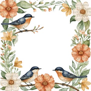 May include: Watercolor illustration featuring four blue and orange birds perched on branches, surrounded by a floral wreath of orange and white flowers and green leaves. The text "The Quiet Home Co" is visible.