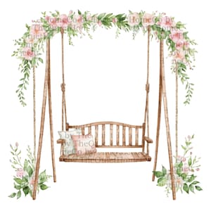 May include: Watercolor illustration of a wooden swing set adorned with floral arrangements. The swing features a slatted seat and is suspended by rope. The top arch is decorated with pink flowers and greenery. The text "HomeCo by The Quiet HomeCo" is visible.