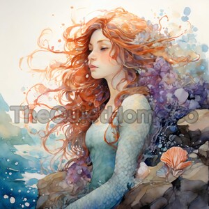 16 Red-Haired Mermaid Watercolor Clipart JPG Set | Ocean Fantasy Girl Art for Cards, Wall Decor & Scrapbooking | JPG Set #148