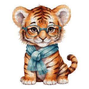 Ensemble de 19 cliparts PNG bébé tigre | Tigres mignons aquarelles dans Pulls, Sweats à capuche | Fond transparent | Lot d'oeuvres d'art pour chambre de bébé et enfants | Ensemble #51